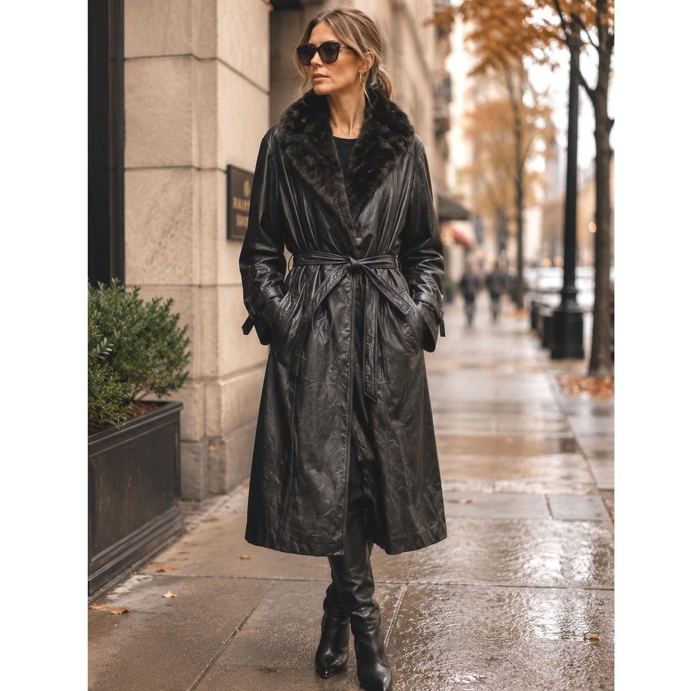 Verducci Black Leather Trench Coat Removable Full Faux Fur Lining Belted Size 38